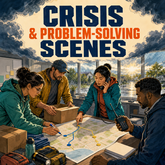 Crisis and Problem-Solving Scenes guide cover showing a community team coordinating a storm response