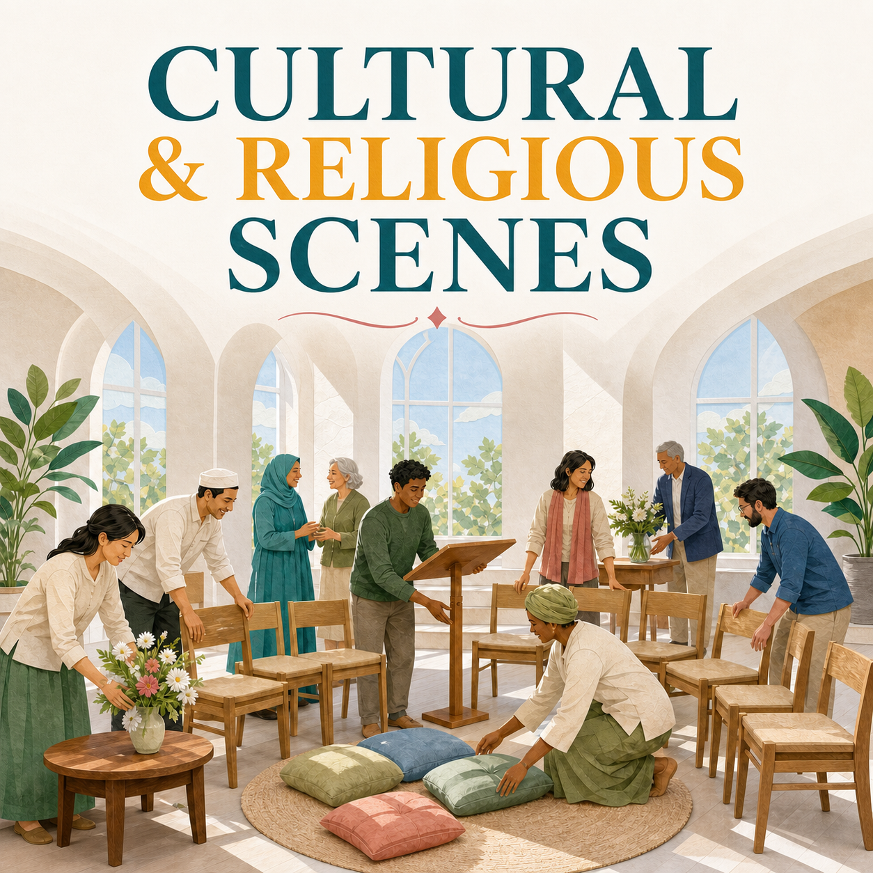 Cultural and Religious Scenes guide cover showing a respectful interfaith gathering being prepared