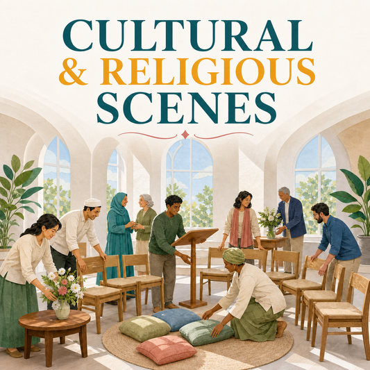 Cultural and Religious Scenes guide cover showing a respectful interfaith gathering being prepared
