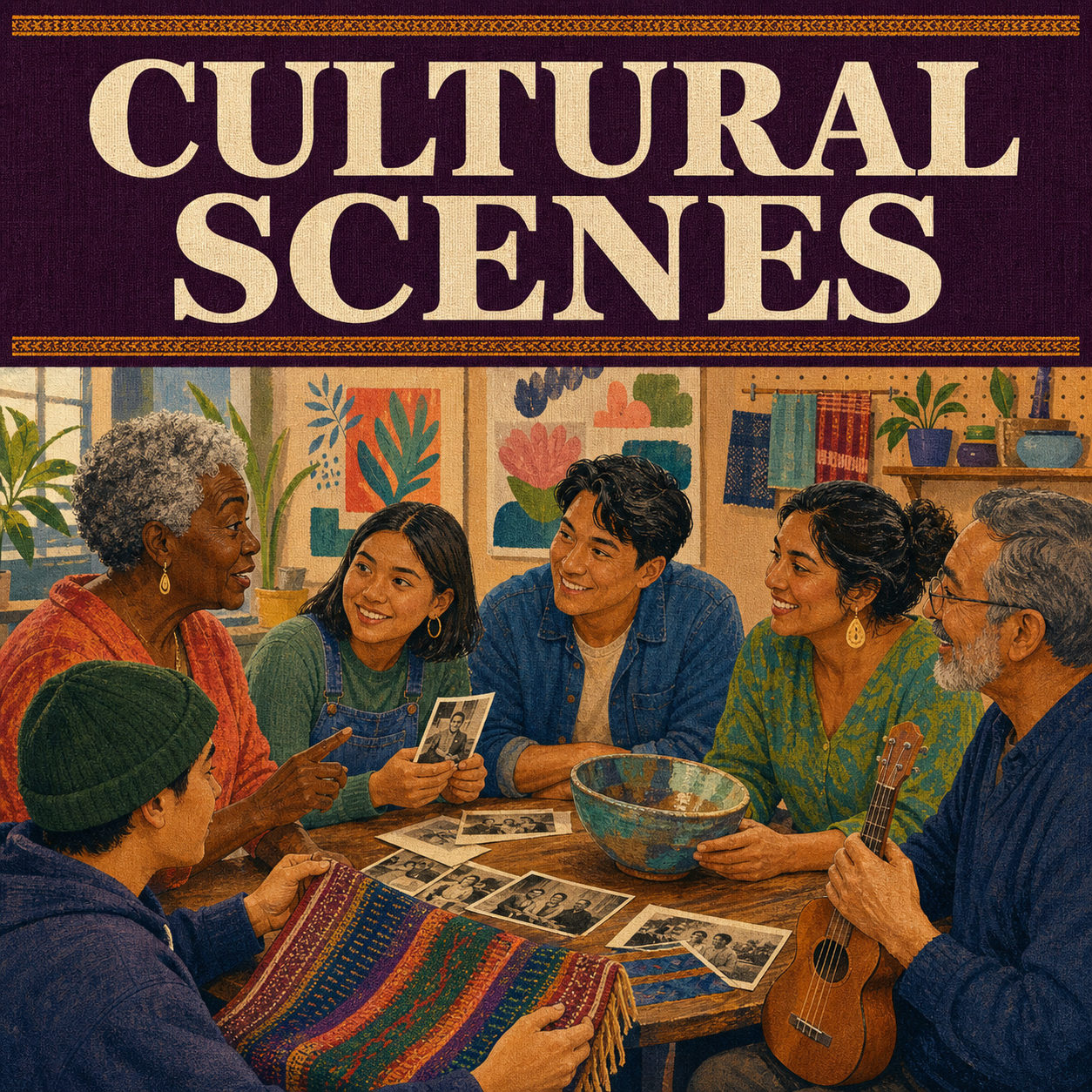 Cultural Scenes guide cover showing an intergenerational group sharing family stories and artifacts