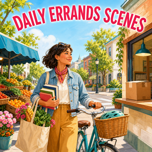 Daily Errands Scenes guide cover showing a person with groceries, library books, bicycle, and parcel pickup