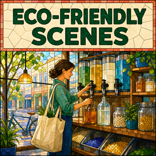 Eco-Friendly Scenes guide cover showing a shopper using a neighborhood refill station
