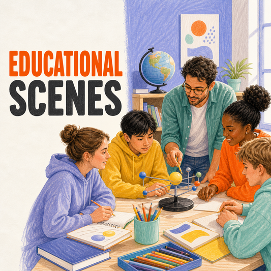 Educational scenes represented by an educator guiding a diverse group through a collaborative hands-on classroom activity