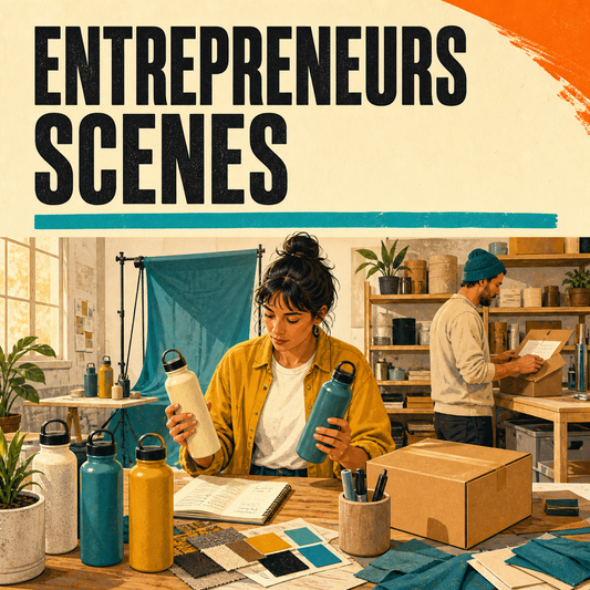 Entrepreneurs Scenes guide cover showing a founder developing and packing a physical product
