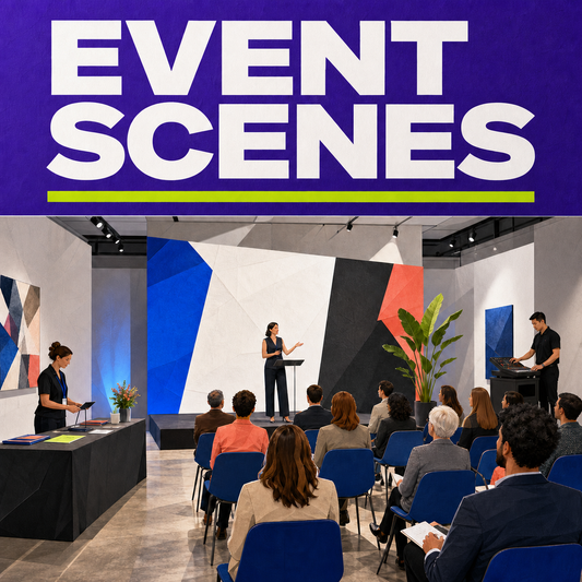 Event Scenes guide cover showing a professionally organized presentation in progress