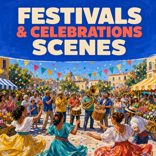 Festivals and Celebrations Scenes guide cover showing music and dancing in a public square