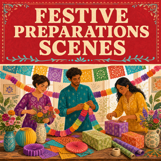 Festive Preparations Scenes guide cover showing a group making decorations and arranging gifts