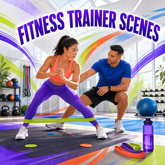 Fitness Trainer Scenes guide cover showing a trainer coaching a resistance-band movement