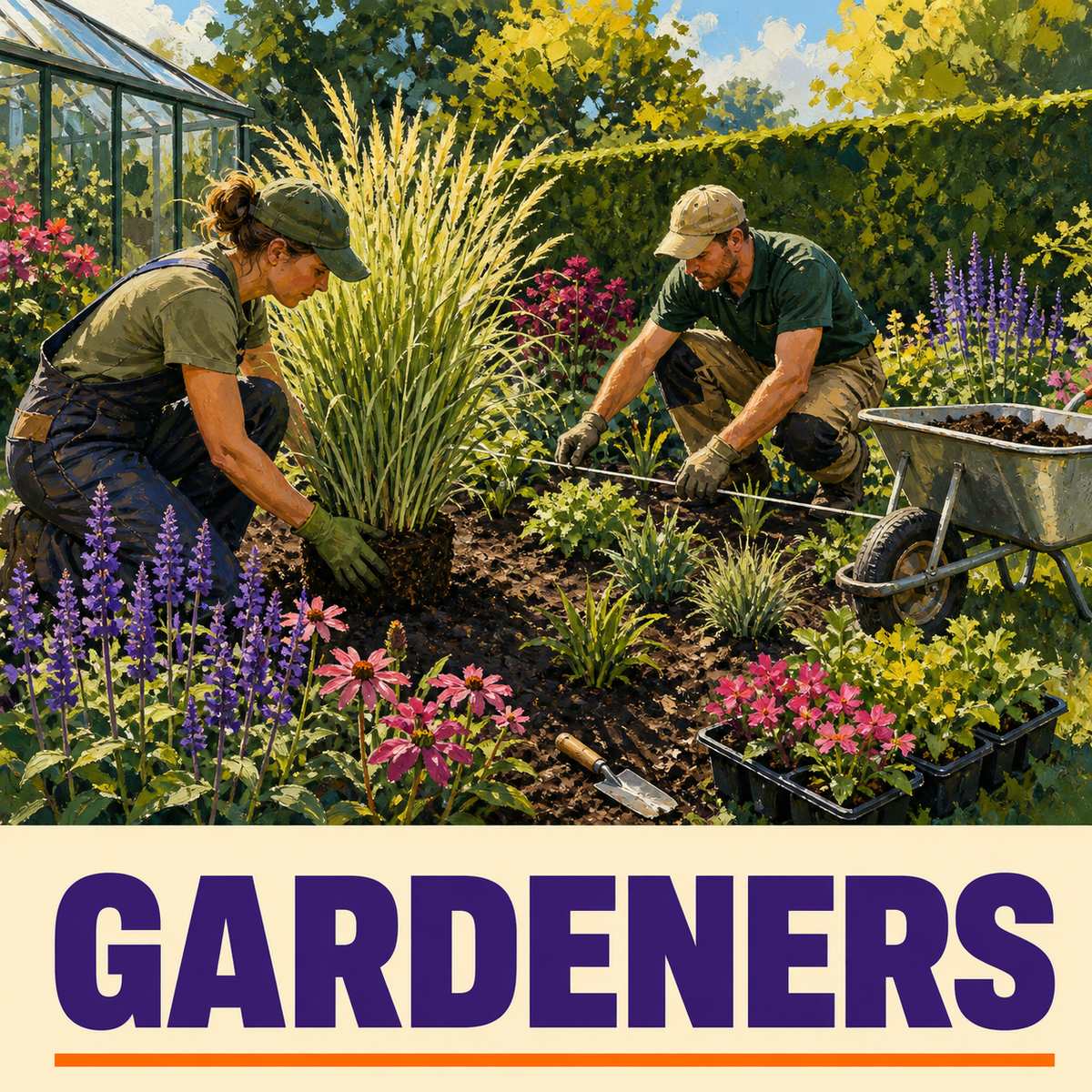 Gardeners guide cover showing professionals planting and spacing an outdoor garden border