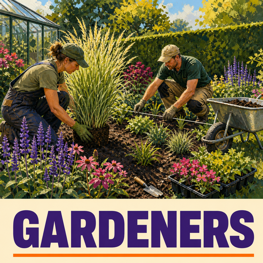 Gardeners guide cover showing professionals planting and spacing an outdoor garden border