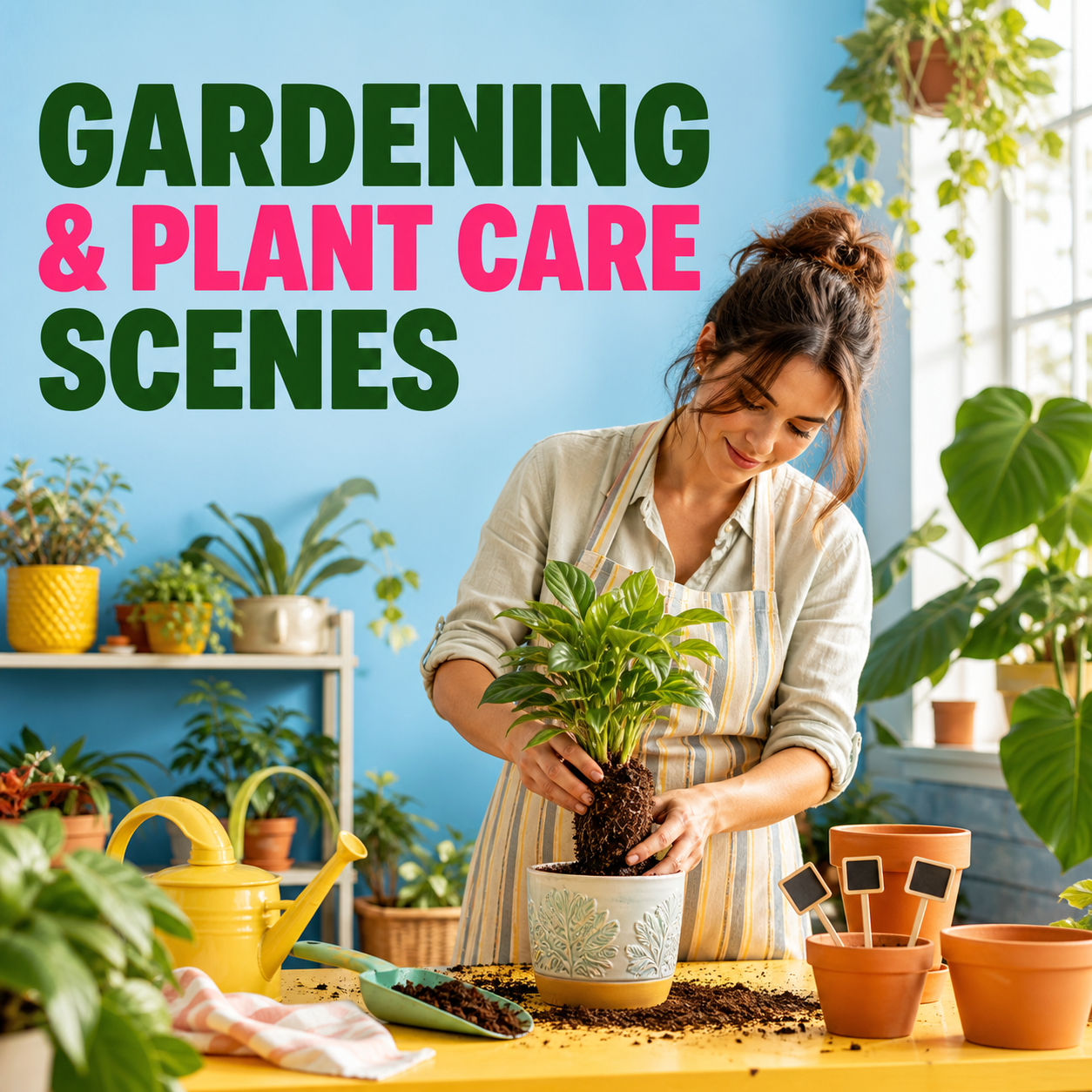 Gardening and Plant Care Scenes guide cover showing indoor houseplant repotting