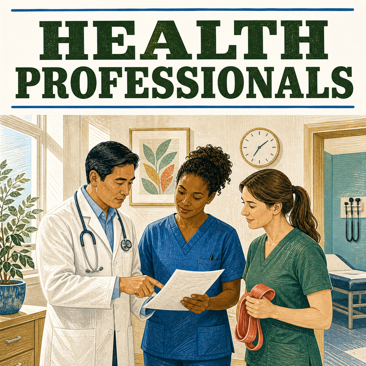 Health Professionals guide cover showing a multidisciplinary clinical team reviewing a care plan