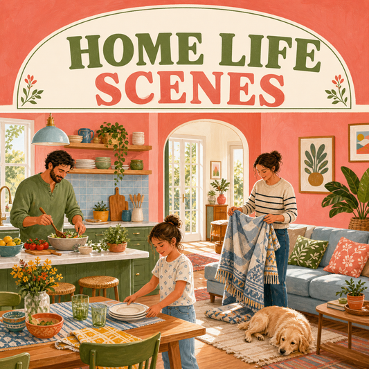 Home life scenes represented by a bright household sharing everyday cooking, tidying, and family activities