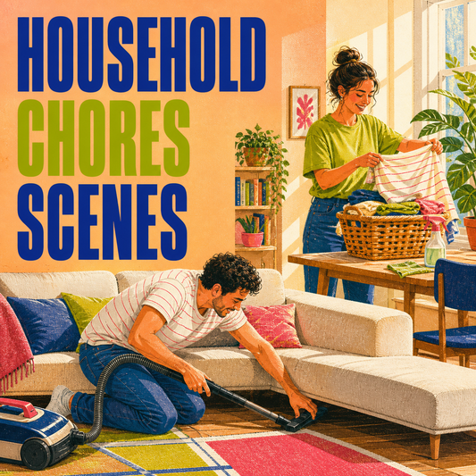 Household Chores Scenes guide cover showing roommates vacuuming and folding laundry