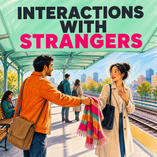 Interactions with Strangers Scenes guide cover showing a commuter returning a dropped scarf