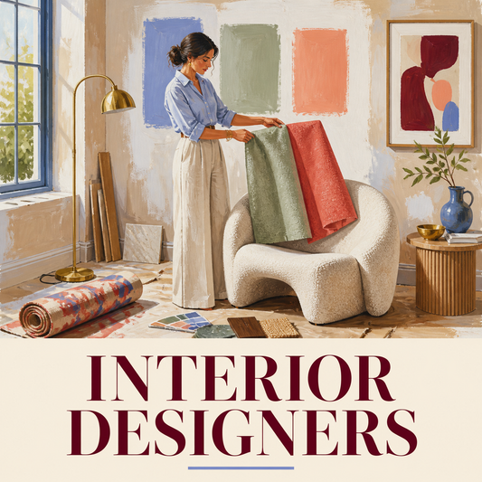 Interior Designers guide cover showing a designer comparing room colors and fabrics