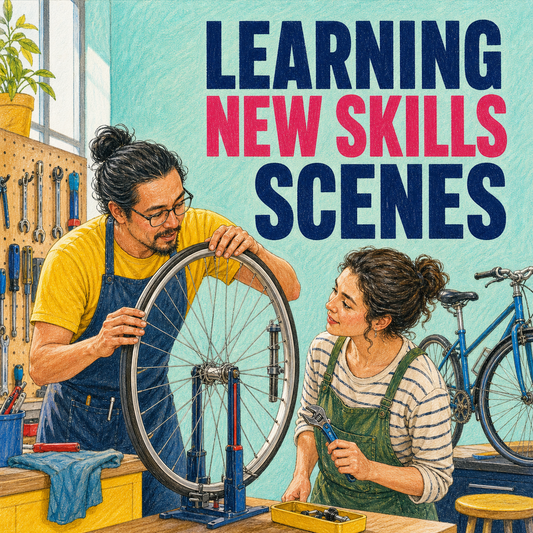Learning New Skills Scenes guide cover showing guided bicycle repair instruction