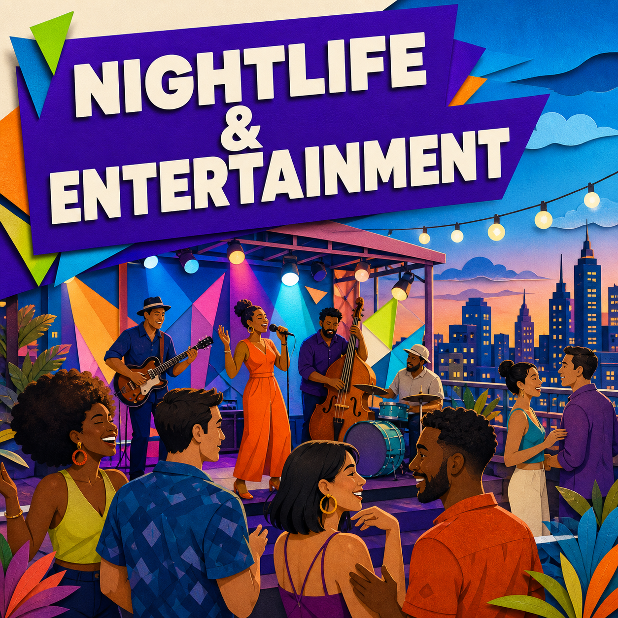 Nightlife and Entertainment Scenes guide cover showing a lively rooftop music venue