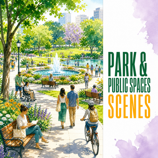 Park and public spaces scenes represented by a bright accessible urban park with walking, cycling, reading, benches, and a fountain