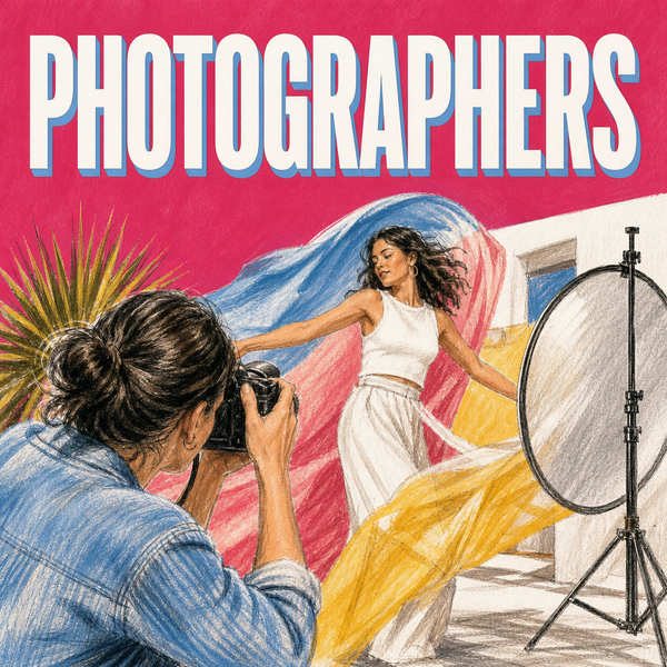 Photographers represented by a bright editorial portrait session with a photographer, moving subject, reflector, and fabric backdrop