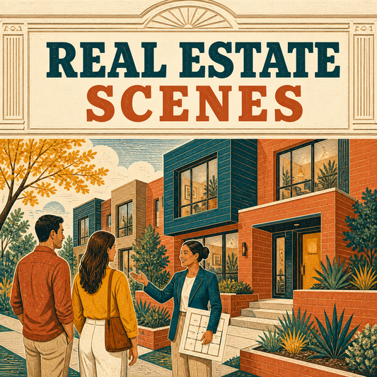 Real estate scenes represented by an agent welcoming clients to view a contemporary townhouse