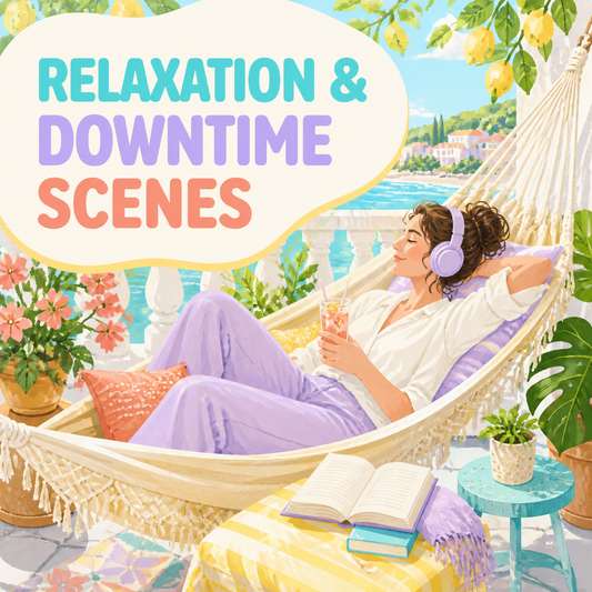 Relaxation and downtime scenes represented by a bright sunlit hammock retreat with music, reading, and a cool drink
