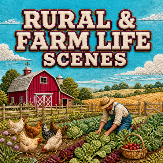 Rural and farm life scenes represented by a bright textile farm landscape with vegetable rows, chickens, fields, and a barn
