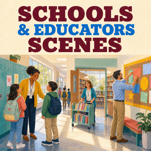 Schools and Educators Scenes guide cover showing educators welcoming students in a school hallway