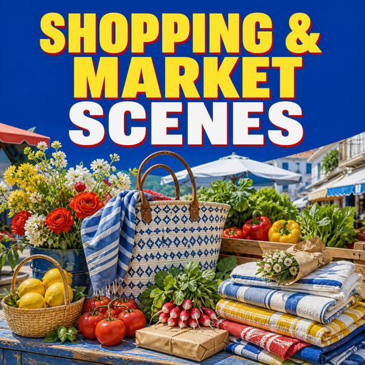 Shopping and market scenes represented by a bright open-air stall with produce, flowers, textiles, parcels, and baskets