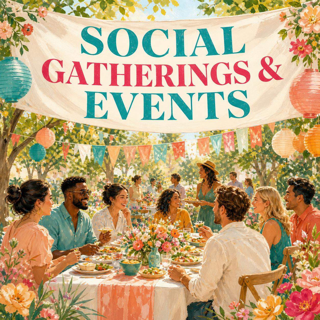 Social gatherings and events represented by a bright outdoor celebration with conversation, food, flowers, and lanterns