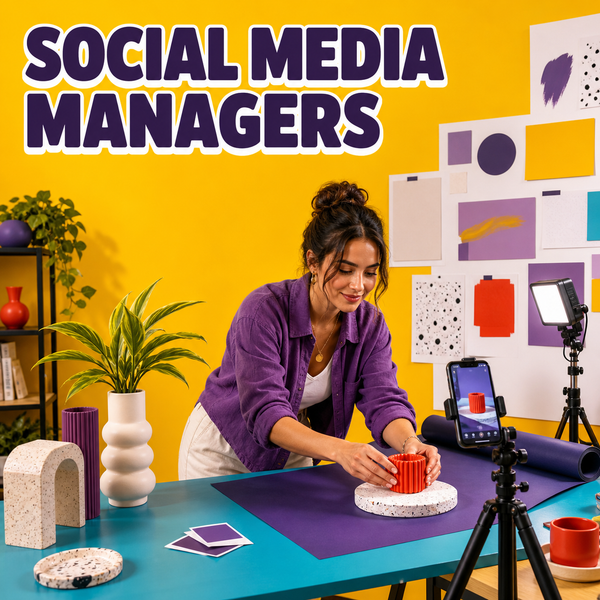 Social media managers represented by a bright content creator arranging and filming a studio product scene