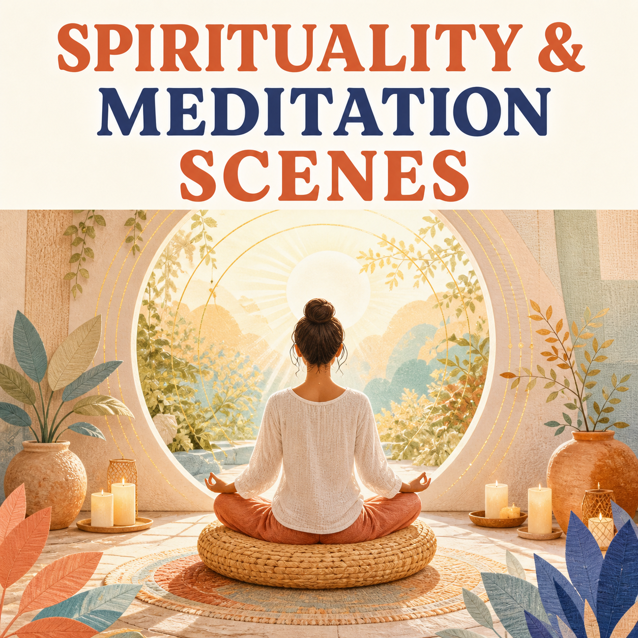 Spirituality and meditation scenes represented by a peaceful sunlit meditation practice in a botanical courtyard