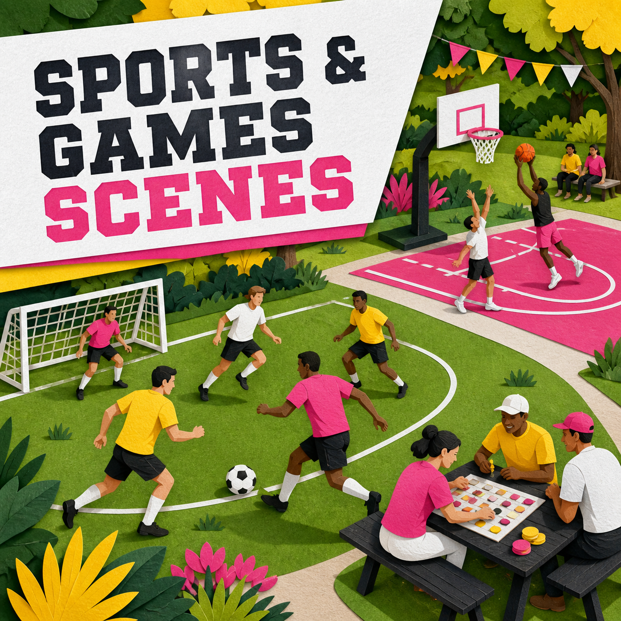 Sports and games scenes represented by a bright community sports day with soccer, basketball, and tabletop play