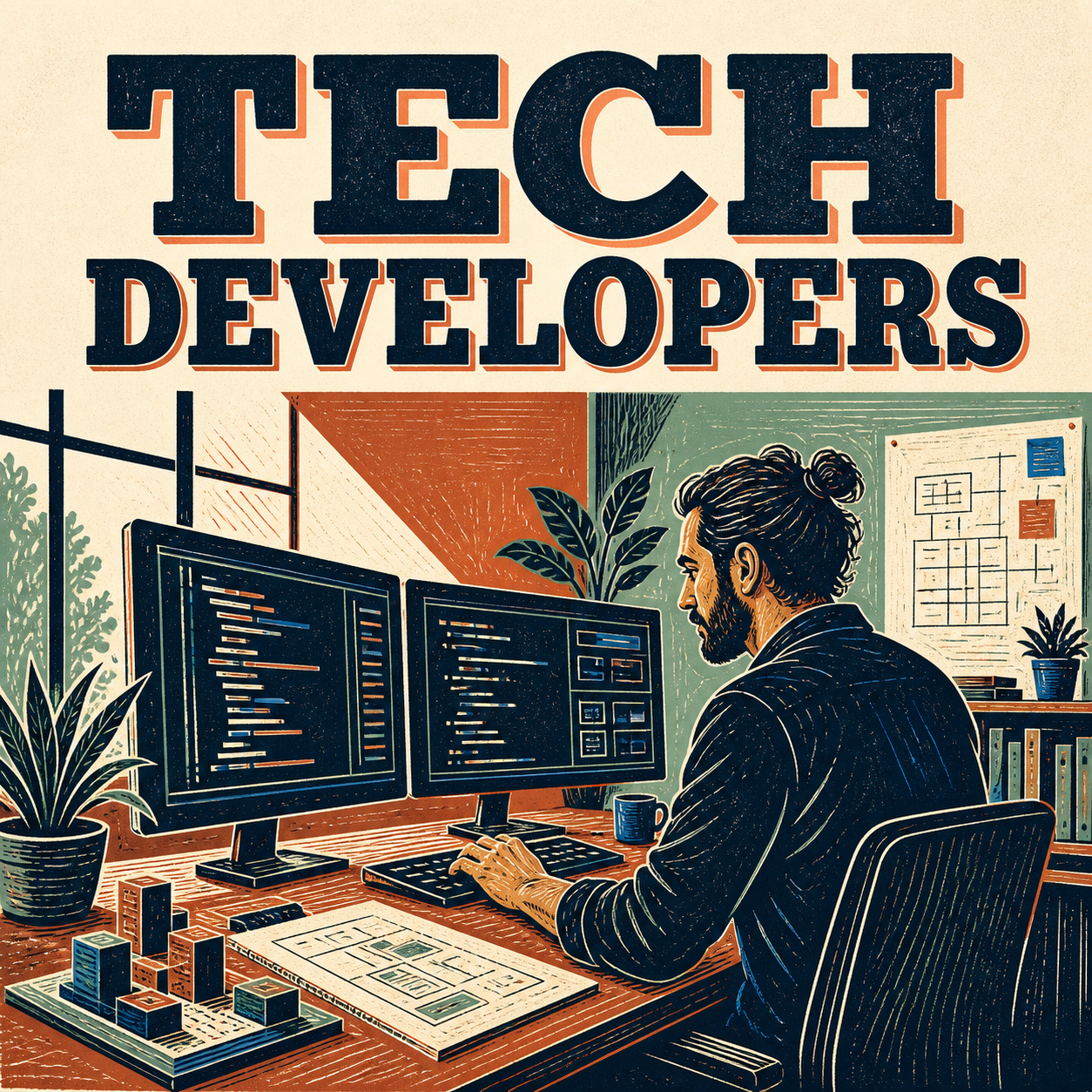 Tech developer video prompts represented by a software developer building an application at a coding workstation