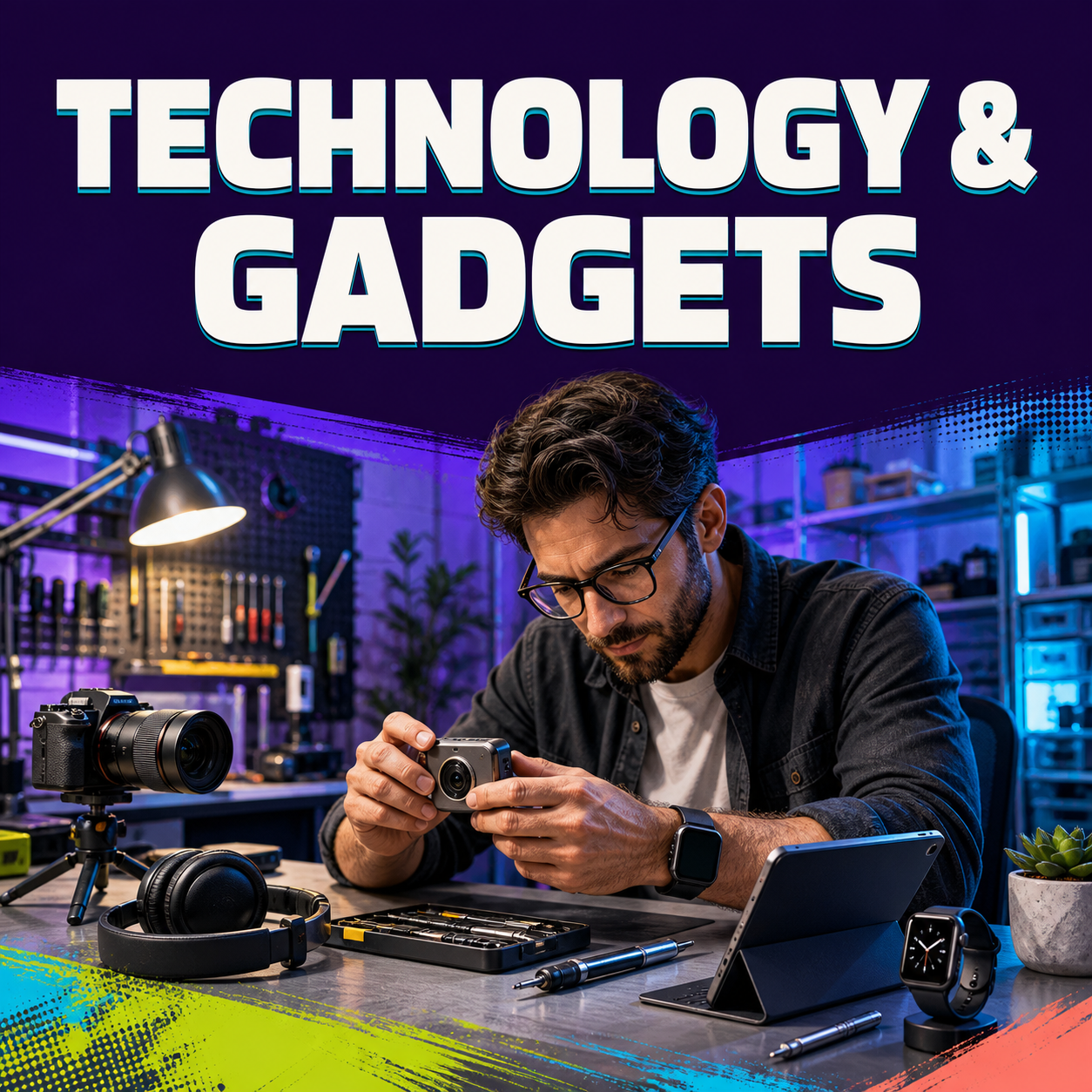 Technology and gadgets video prompts represented by a creator testing modern devices at a workshop bench