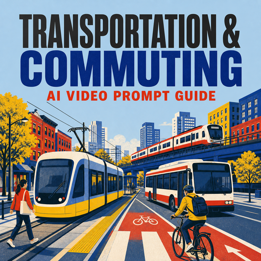 Transportation and commuting video prompts represented by an illustrated city street with public transit, cycling, and walking