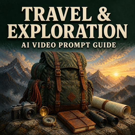 Travel and exploration AI video prompt guide represented by an expedition backpack and field equipment in the mountains
