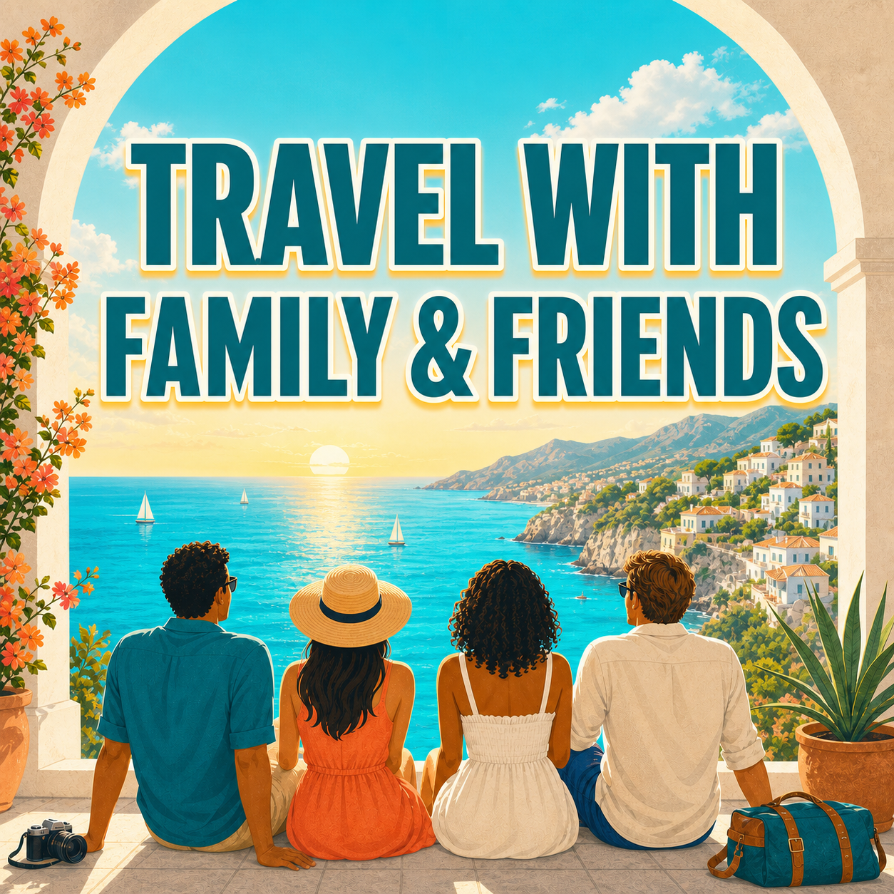 Travel with family and friends represented by a bright group overlooking a Mediterranean coastal sunset