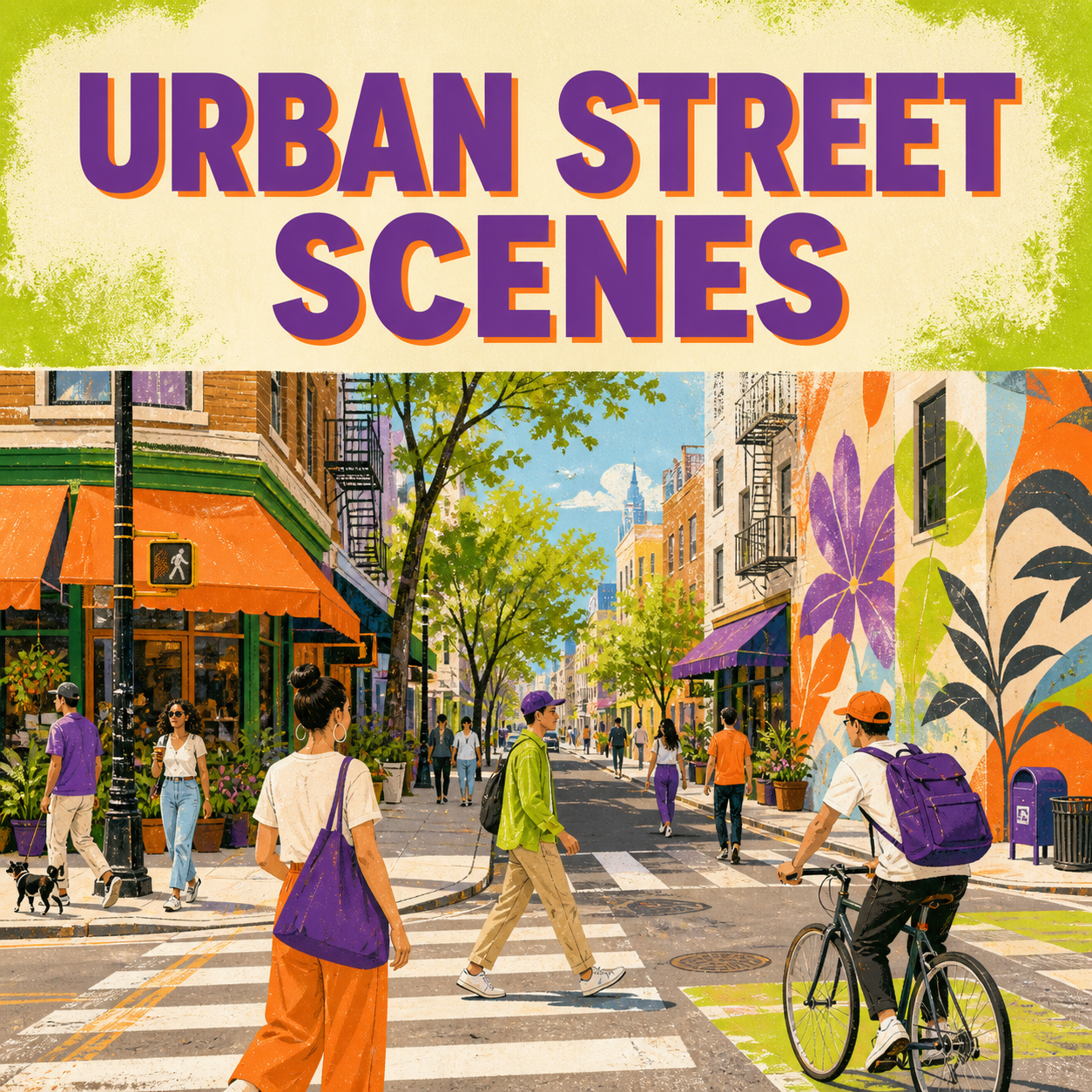 Urban street scenes represented by a bright illustrated city corner with pedestrians, cycling, storefronts, and murals