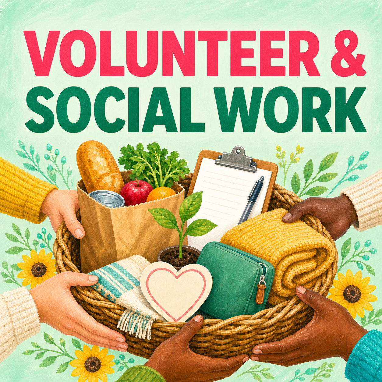 Volunteer and social work scenes represented by diverse hands supporting a bright shared community basket