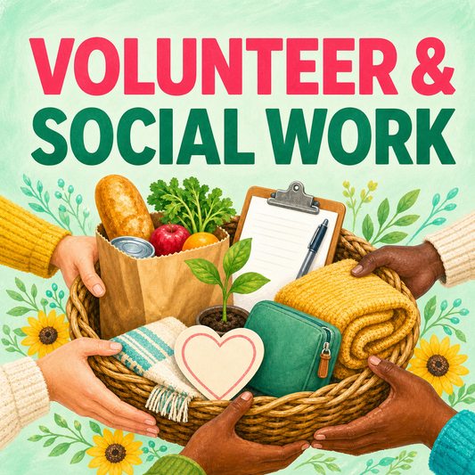 Volunteer and social work scenes represented by diverse hands supporting a bright shared community basket
