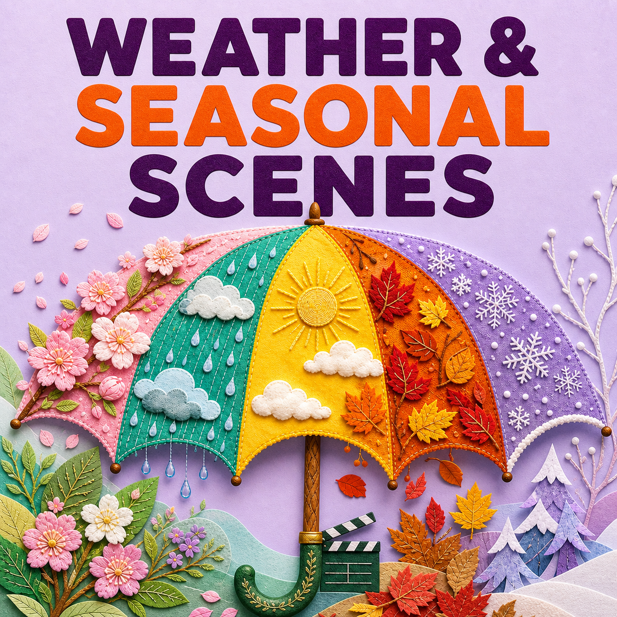 Weather and seasonal scenes represented by a bright handcrafted four-season umbrella