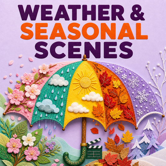 Weather and seasonal scenes represented by a bright handcrafted four-season umbrella