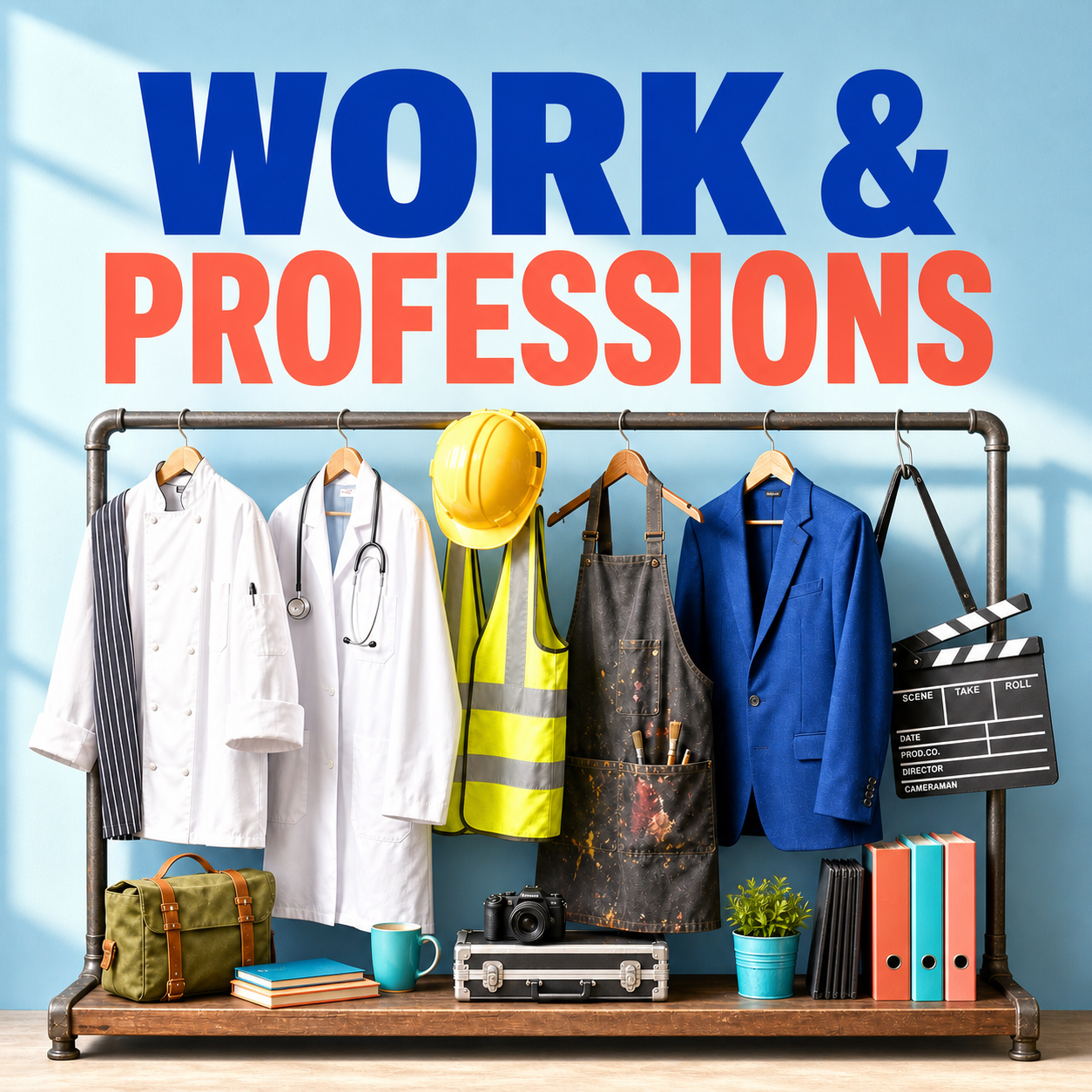 Work and professions video prompts represented by a bright studio rack of professional clothing and scene props