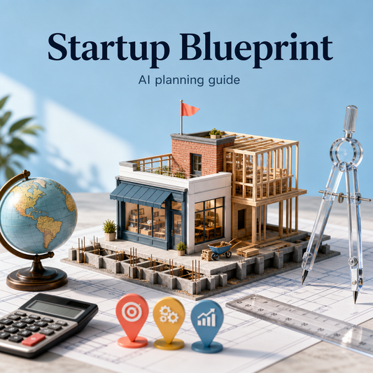 Bright Startup Blueprint cover showing a miniature business under construction, globe, drafting compass, calculator, and milestone markers.