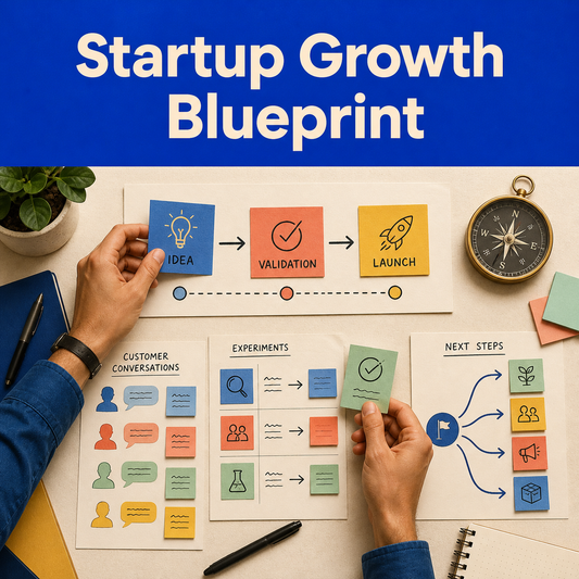Startup planning workspace with idea, validation, and launch stages, customer conversations, experiments, and next-step paths.