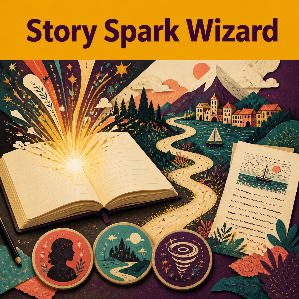 Story ideation scene with a glowing writing spark, character and setting tokens, a winding narrative path, and a finished story page.