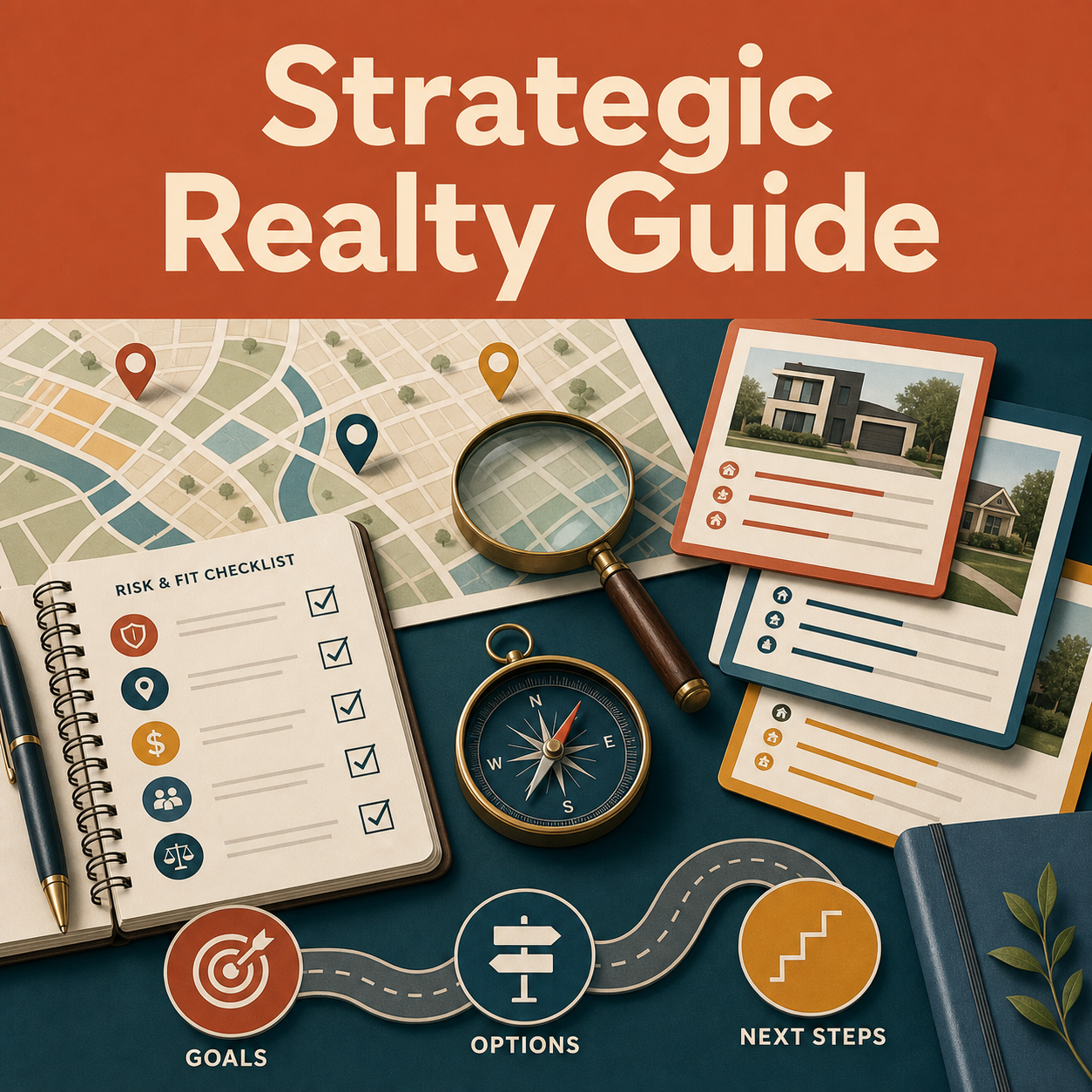 Real-estate decision workspace with abstract neighborhood map, property comparisons, risk-and-fit checklist, compass, and goals-to-next-steps path.