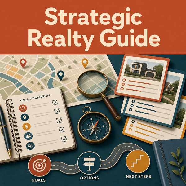 Real-estate decision workspace with abstract neighborhood map, property comparisons, risk-and-fit checklist, compass, and goals-to-next-steps path.