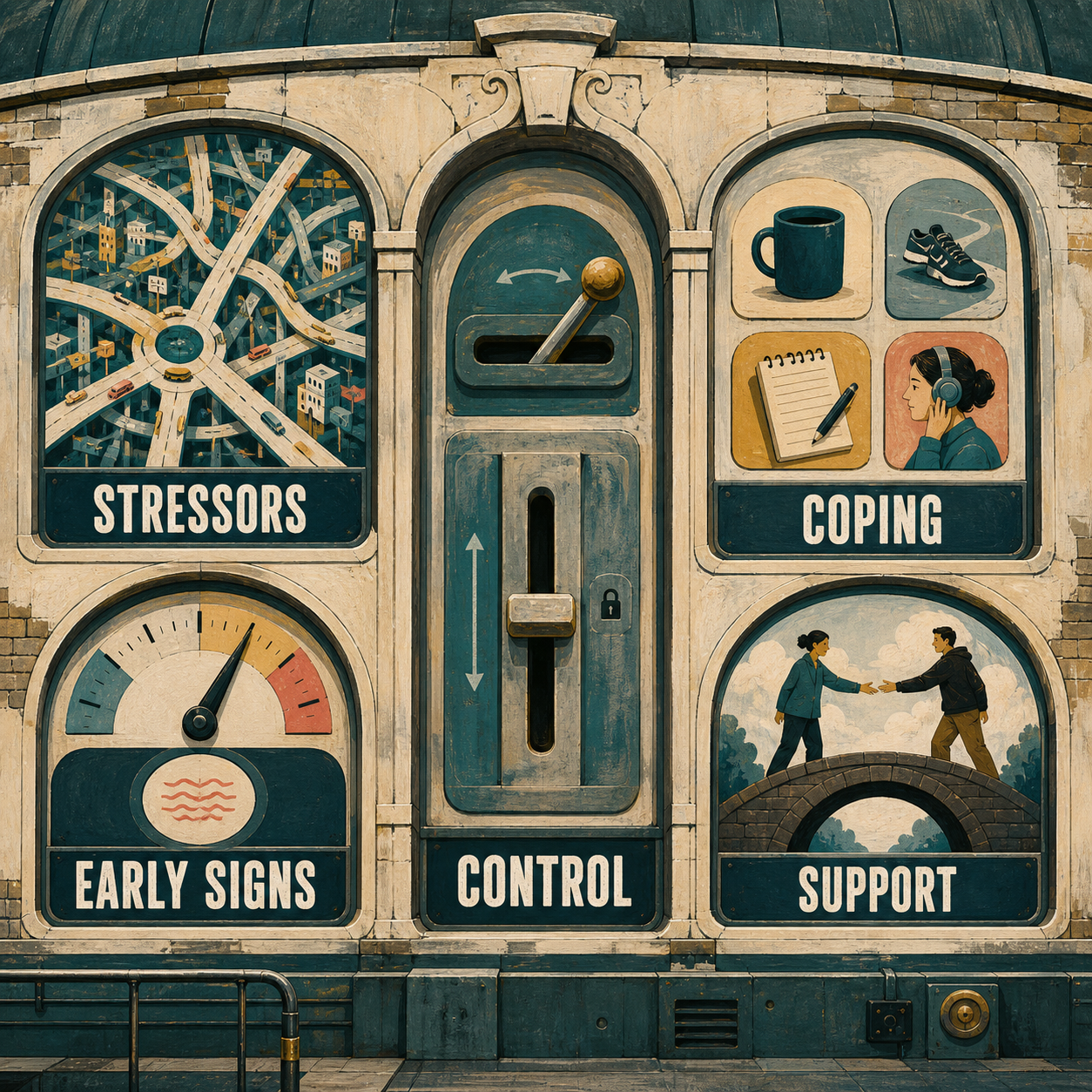 Stress Reduction & Management Generator overview of stressors, early signs, control, coping, and support